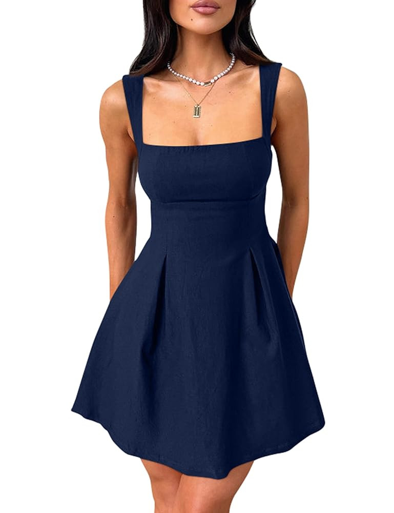 YMDUCH Women's Sexy Sleeveless Square Neck Adjustable Straps Bow Tie A-line Mini Party Club Dress | Amazon (US)