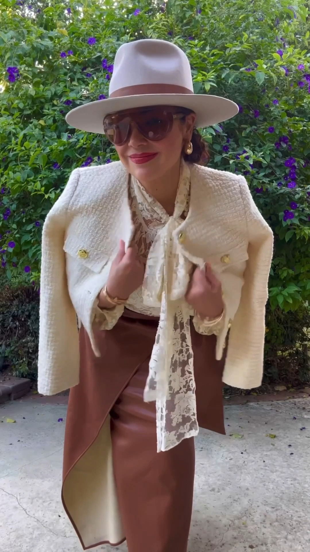 Lace pussybow, a tweed jacket that reads Chanel without the Chanel price tag (hello, Amazon), a faux leather skirt that makes my heart happy, a hat to cover the gray, and a bold red lip to seal the deal.

Shop the full look through my links — you've earned it. 💛

#styleover50 #fashionover50 #womenover50 #over50 #over50andfabulous

#LTKOver40 #LTKgrwm #LTKootd