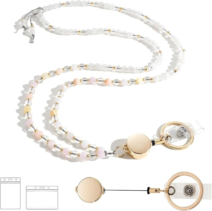 Retractable Lanyards for ID Badges and Keys, Beaded Lanyards for Women Natural Stone, Teacher Lan... | Amazon (US)