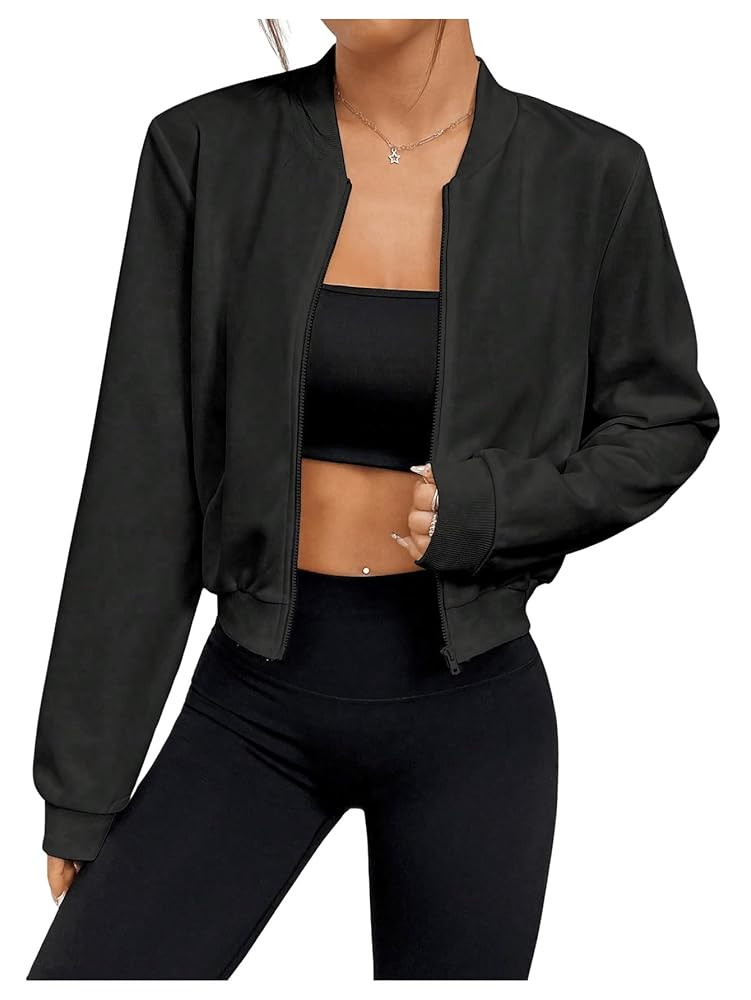 SweatyRocks Women's Lightweight Jackets Casual Basic Zip Up Cropped Bomber Jacket | Amazon (US)