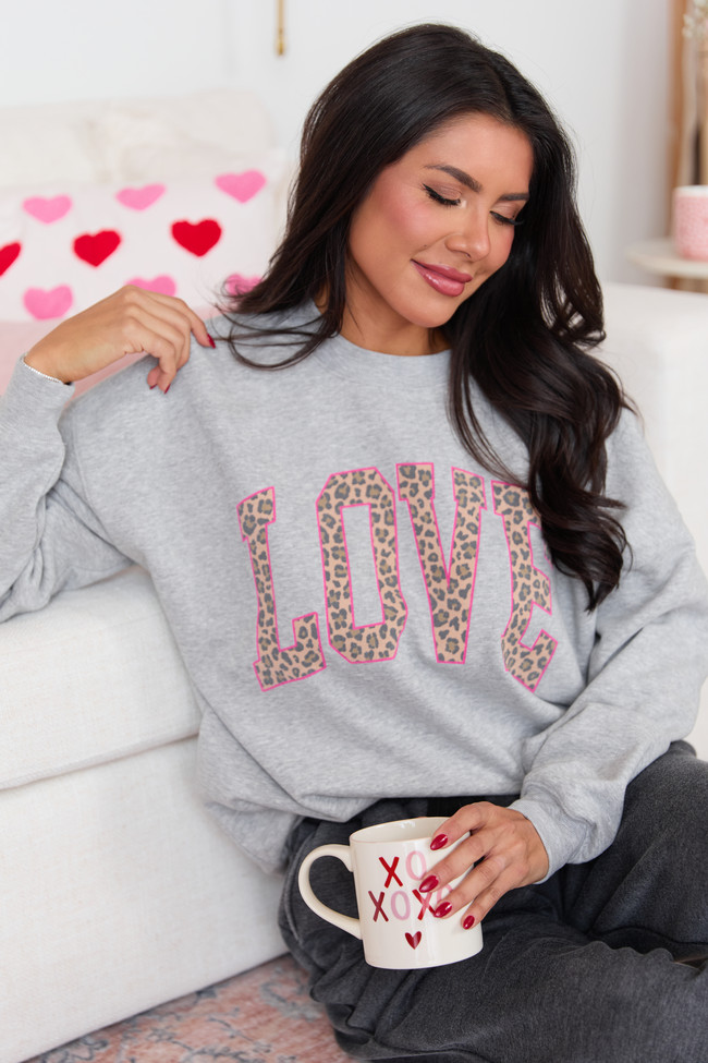 Love Block Leopard Light Grey Graphic Sweatshirt | Pink Lily