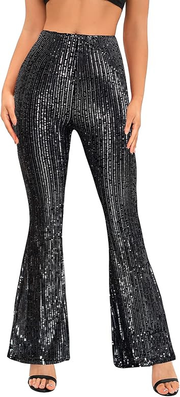 YHYJMY Womens Casual Sparkle Sequin Glitter Bling Loose Elastic High Waist Shiny Wide Leg Flare Pala | Amazon (US)