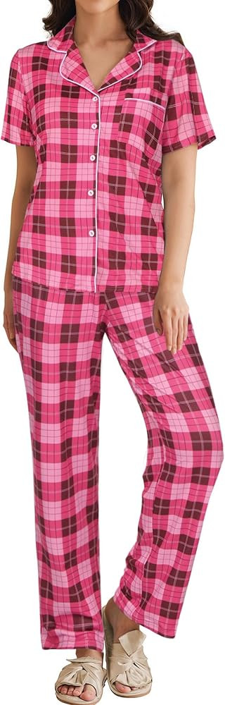 Ekouaer Womens Pajamas Set Plaid PJs Soft Button Down Sleepwear Short Sleeve Nightwear with Long ... | Amazon (US)