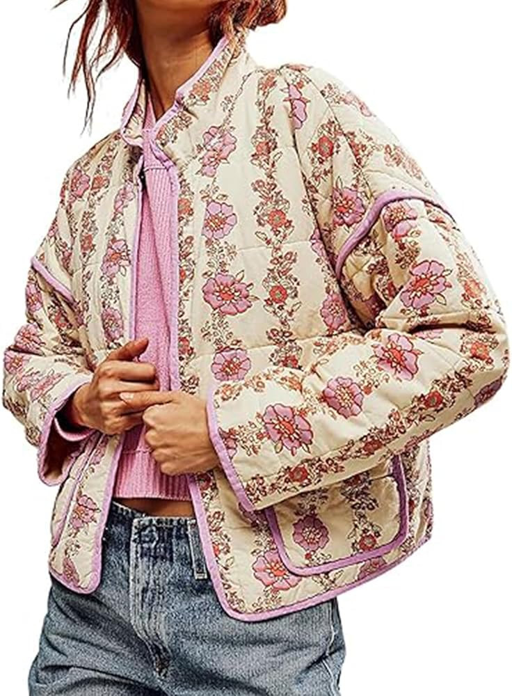 COZYPOIN Women Floral Printed Quilted Jacket Colorblock Lightweight Padded Jacket Puffer Coat Out... | Amazon (US)