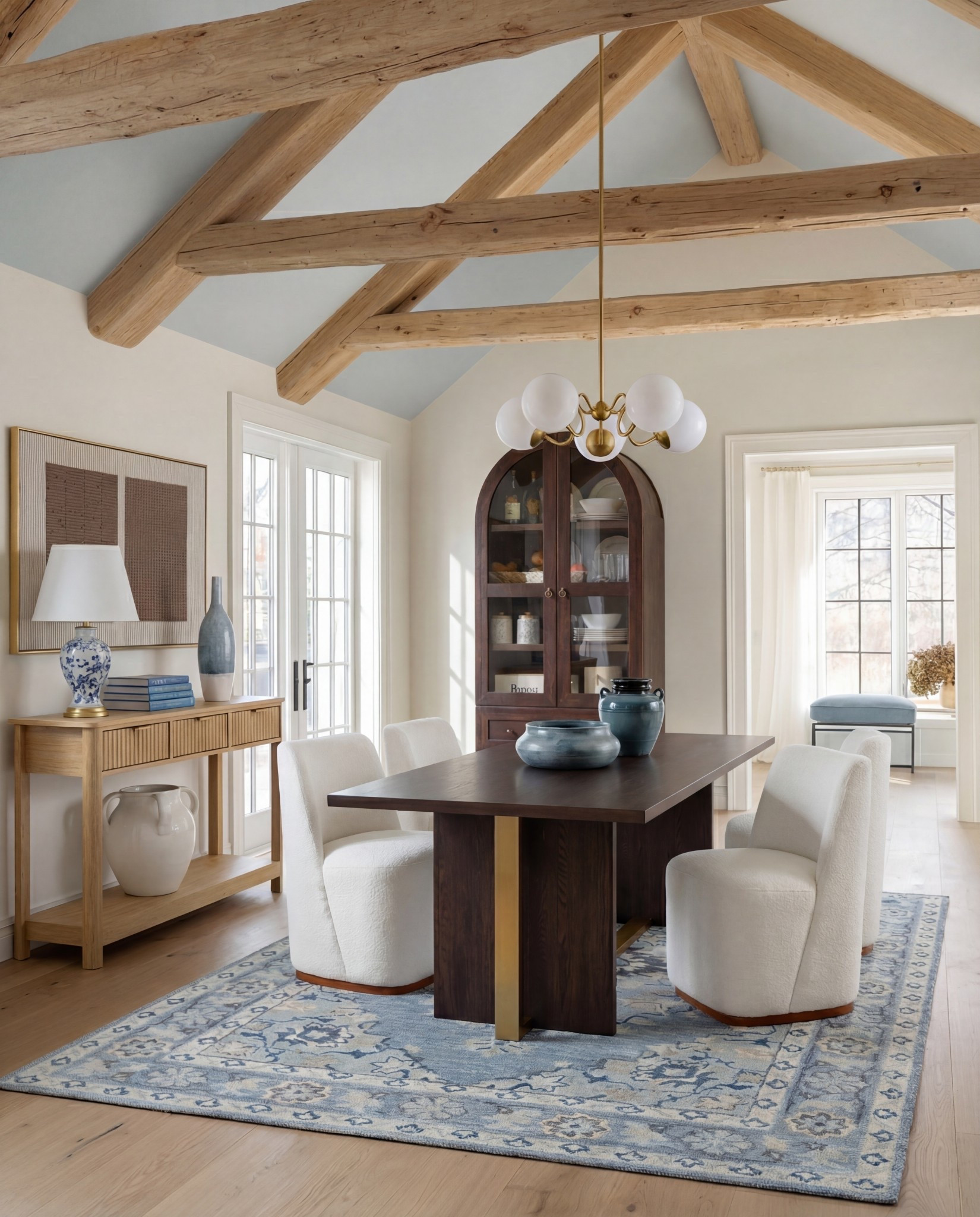 Shop the Look:
• Dark wood rectangular dining table
Globe ball chandelier light
Brown wall art
• Curved ivory upholstered dining chairs (wood base)
• Blue ceramic decorative bowl (table centerpiece)
• Blue terracotta  vase 
• Blue patterned area rug
• Light wood sideboard with fluted drawer detail
• Blue-and-white ceramic vase (sideboard)
• Blue table lamp with white shade
• Stacked books + candle decor
• Framed landscape wall art (set of two)
• Dark wood arched china cabinet with glass doors
• White ceramic floor vase
Blue decor books
• Exposed wood ceiling beams
• Soft blue ceiling paint
Tall blue floor vase 

#LTKFindsUnder100 #LTKHome #LTKSaleAlert