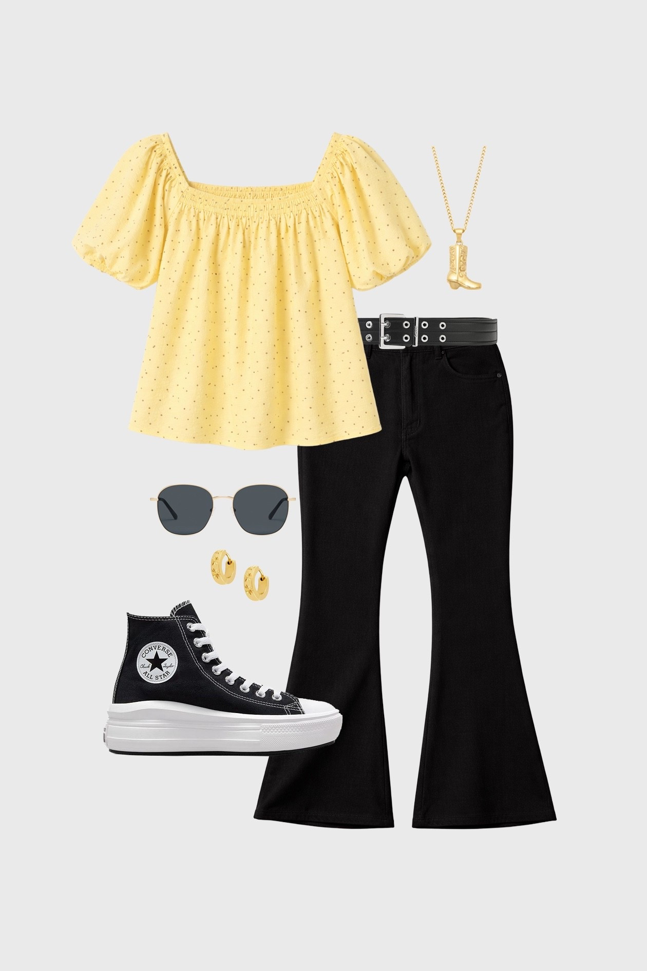 spring outfits, yellow, butter yellow, polka dots, kick flares, converse 

#LTKuk #LTKspring