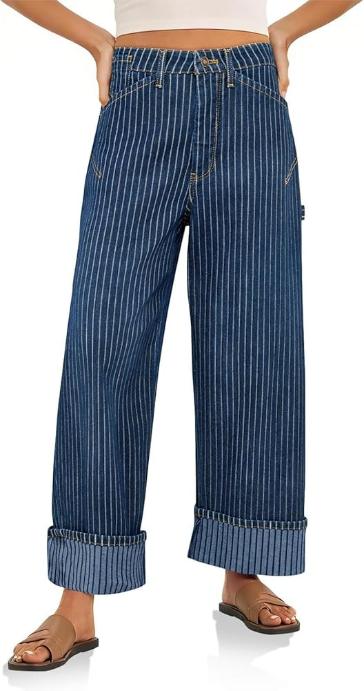 Cicy Bell Womens Striped Wide Leg Jeans Baggy Boyfriend High Waisted Cuffed Denim Pants with Pock... | Amazon (US)