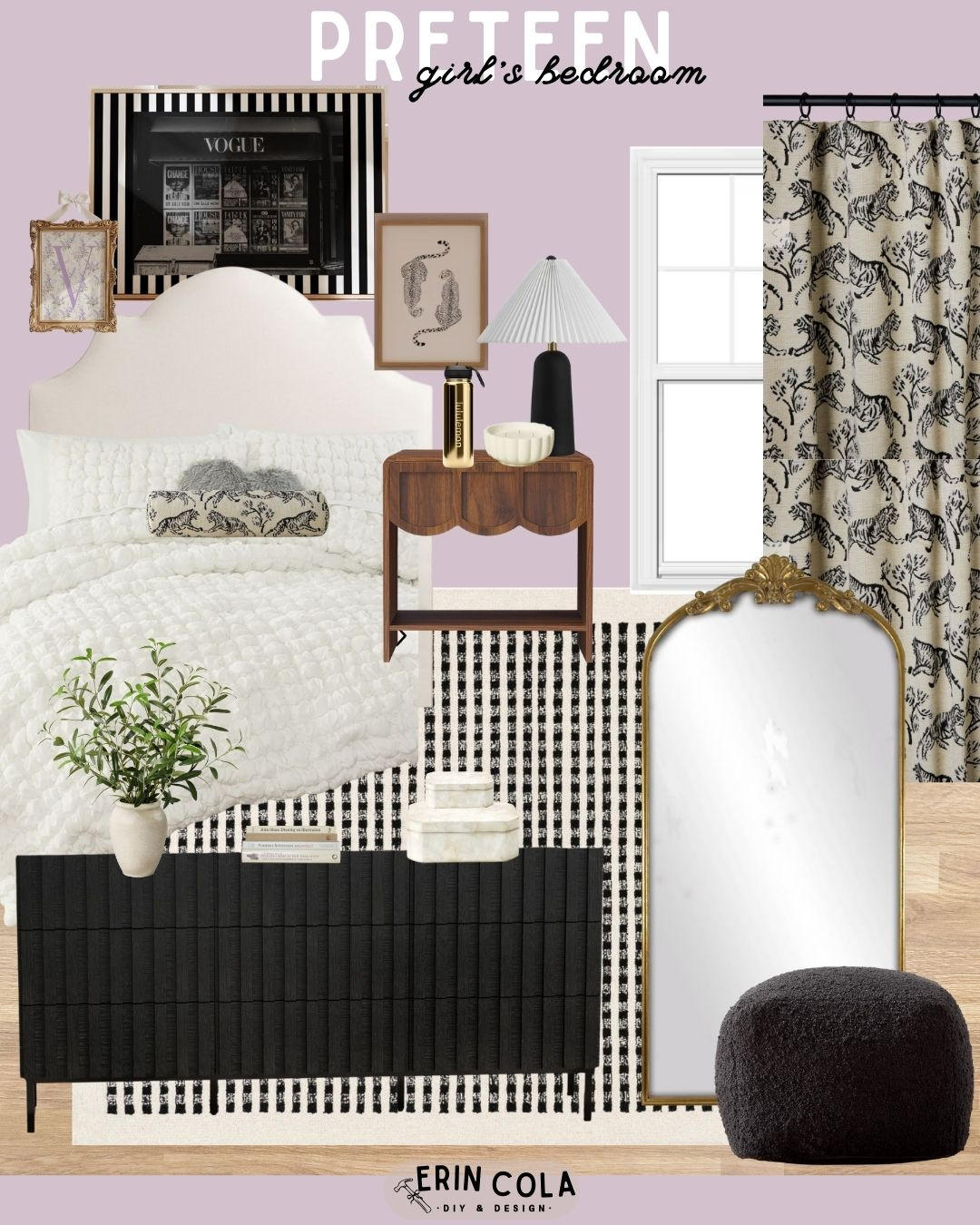 This teen girl’s bedroom design is all about soft personality with elevated details. The foundation starts with Benjamin Moore’s Hidden Sanctuary, a muted lavender-purple that feels calm, cozy, and grown-up without reading childish. It’s the perfect backdrop for a space that can grow with her.

To keep the room feeling high-end on a budget, I layered in a designer-inspired floor-length mirror that delivers that classic vintage look without the luxury price tag. It instantly adds light, dimension, and a touch of glam—ideal for a teen bedroom or small space refresh.

The patterned curtains bring in visual interest while still feeling timeless, and I love tying the look together with a matching throw pillow on the bed. Repeating patterns like this makes the space feel intentional and styled, not themed. Finished with cozy textures and warm wood tones, this room strikes the perfect balance between playful and polished—proof that great design doesn’t have to come with a big budget. 

 #LTKHome