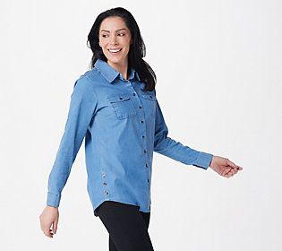 As Is Denim & Co. Regular Chambray LongSleeve ButtonFront Top | QVC