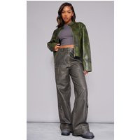 Dark Green Faux Leather Washed Boxy Biker Jacket | PrettyLittleThing US