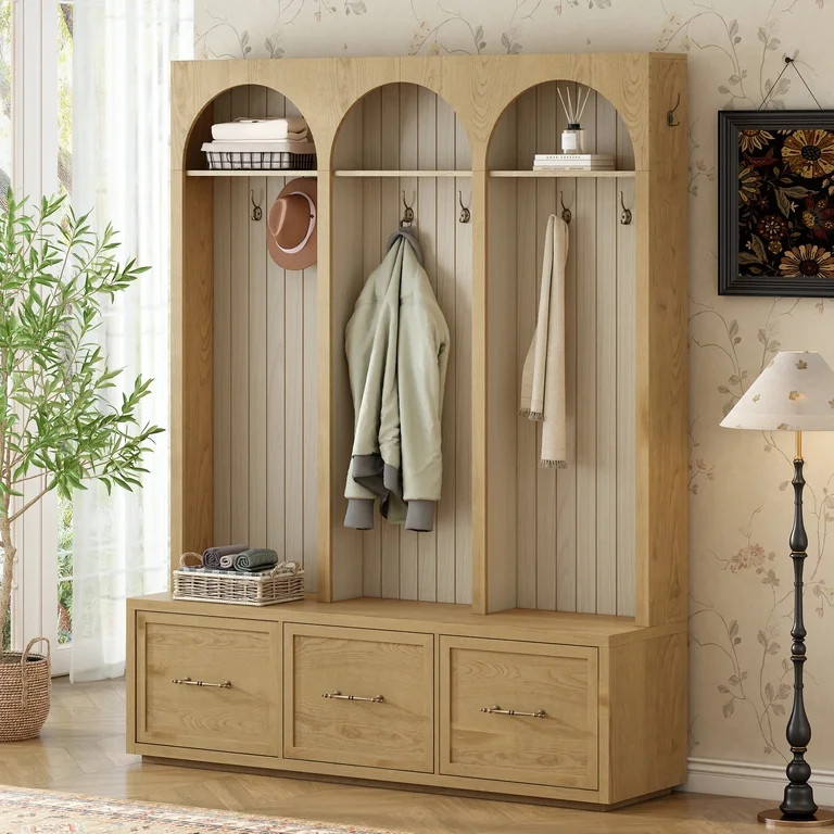 Farmhouse Wooden Style Hall Tree with Arched Design, Elegant Entryway Bench with Retro Hooks, Rus... | Walmart (US)