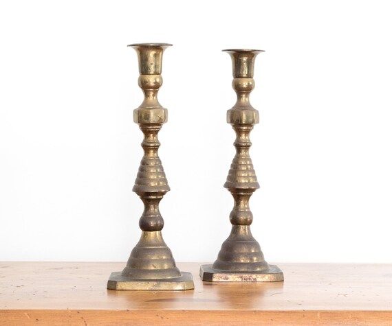 9.5" Tall Set of Two Brass Candlestick Holders, Pair of Brass Beehive Candle Holders | Etsy (US)