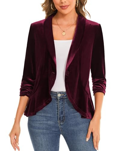 MINTLIMIT Women's Velvet Jacket Button Front Casual Work 3/4 Ruched Sleeve Blazer Suit Jacket Cardigan with Ruffle Hem,Wine Red,2XL | Amazon (US)