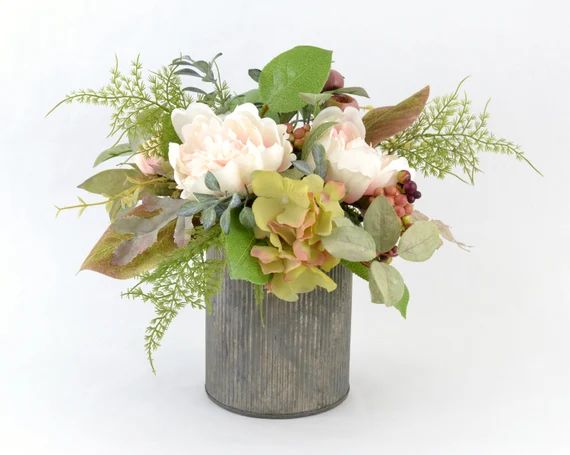 Rustic Farmhouse Floral Arrangement, Shabby Chic Centerpiece, Blush Peonies, Hydrangea, Berries, ... | Etsy (US)