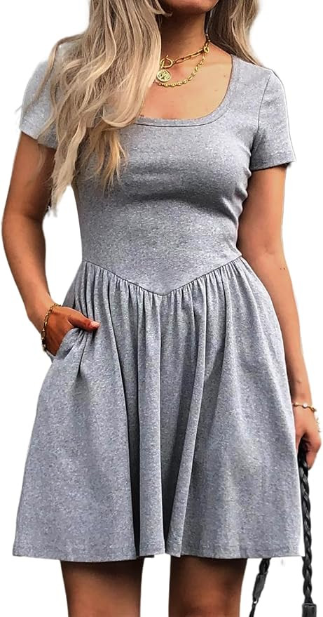 Women's Summer Casual Short Sleeve Mini Dress Square Neck A Line Pleated Swing Dresses Basic Shor... | Amazon (US)
