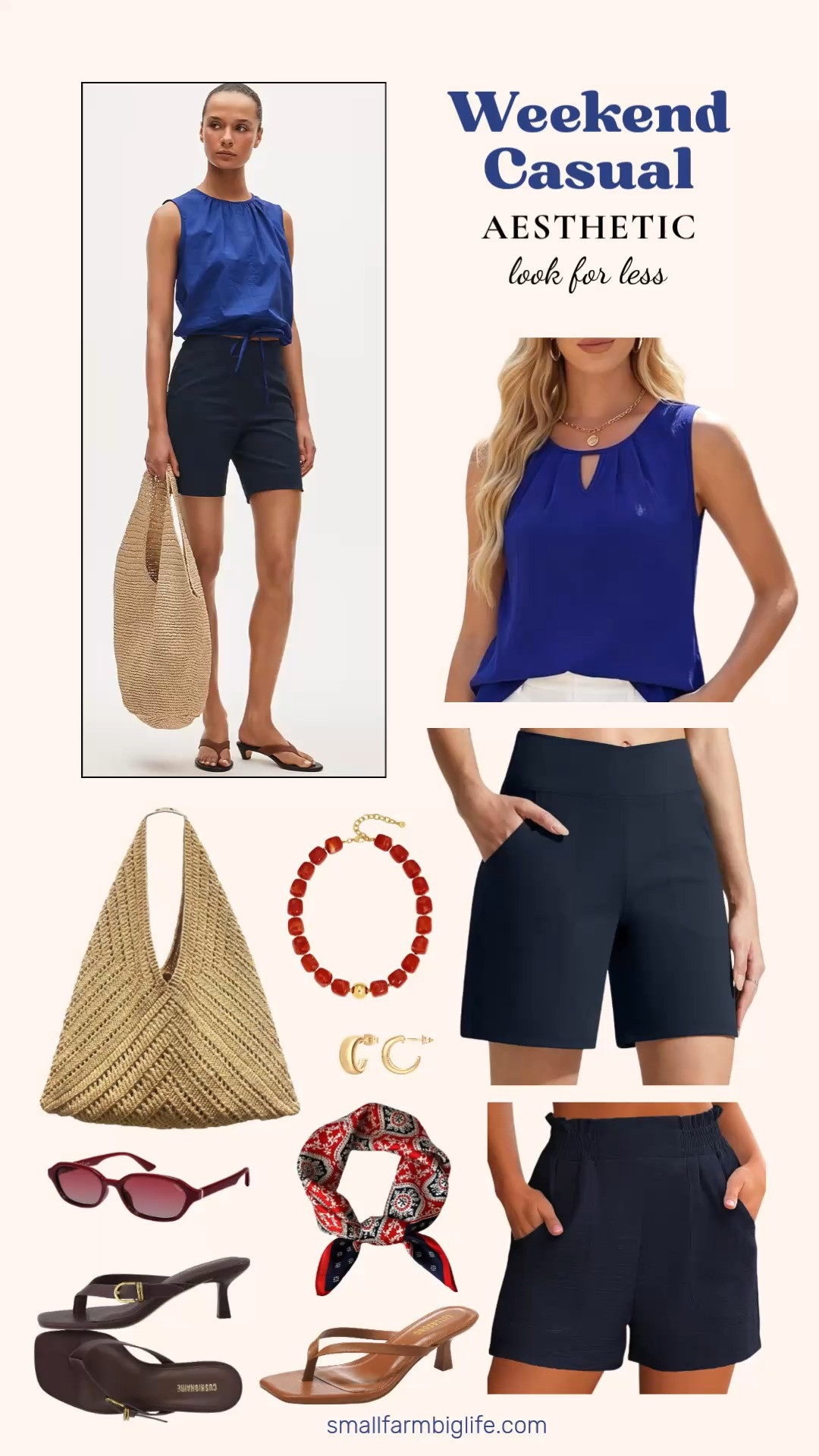 3:44 PMClaude responded: A pop of royal blue and red accessories is such a fun summer color combination and this whole look comes together for so much less than you would expect.A pop of royal blue and red accessories is such a fun summer color combination and this whole look comes together for so much less than you would expect. The tank and shorts keep things casual and comfortable while the kitten heel sandals dress it up just enough to take the outfit anywhere. The chunky beaded necklace, retro rectangle sunglasses, and silk square scarf are the kind of accessories that make a simple outfit look intentional and put together. The crochet tote ties it all together perfectly. Tap to shop the whole look! 

 #LTKgrwm #LTKootd #LTKOver40