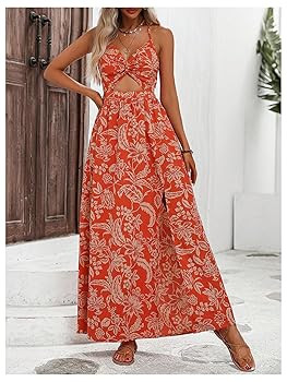 SHENHE Women's Cut Out Twist Front Side Slit Halter Backless Flowy Tropical Boho Maxi Dress | Amazon (US)