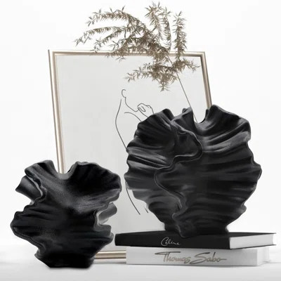 2-Piece Black Flower Shape Ceramic Vase Set - Minimalist Nordic Boho for Home Office Table Decor | Wayfair North America