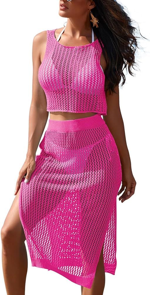 Pink Queen Women 2 Piece Swimsuit Crochet Hollow Out Swim Cover Up Bikini Swimwear Knit Mesh Tuni... | Amazon (US)