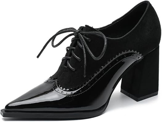 DAISIQ Women's Chunky Heel Pumps Pumps Pointed Toe Brogue Lace Up High Heels Spring New Shoes Bri... | Amazon (US)