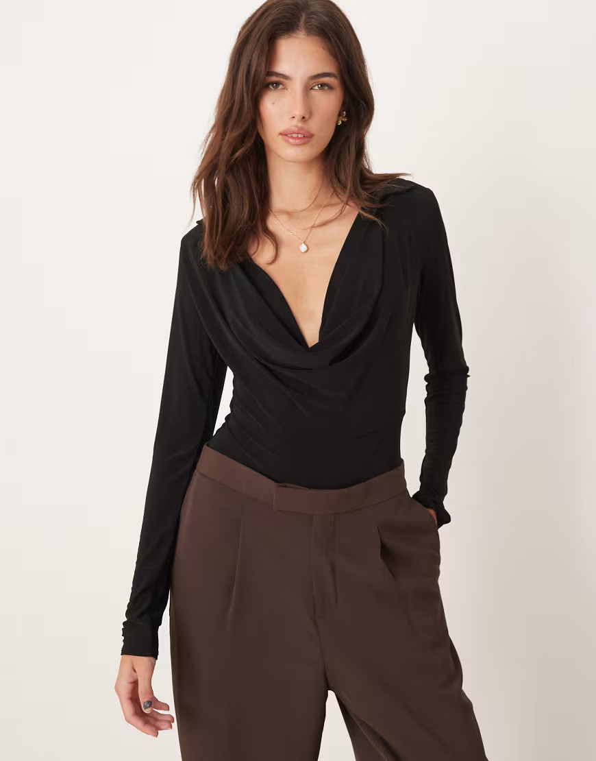 ASOS DESIGN deep cowl neck slinky bodysuit in black | ASOS (Global)