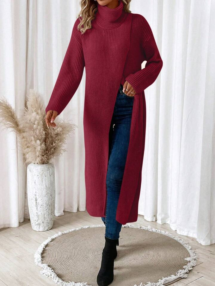 SHEIN Essnce High-neck, Long Split Hem Sweater | SHEIN