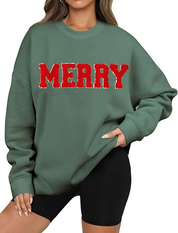 Arssm Women's Merry Christmas Sweatshirt Graphic Chenille Patch Letter Printed Crewneck Xmas Over... | Amazon (US)