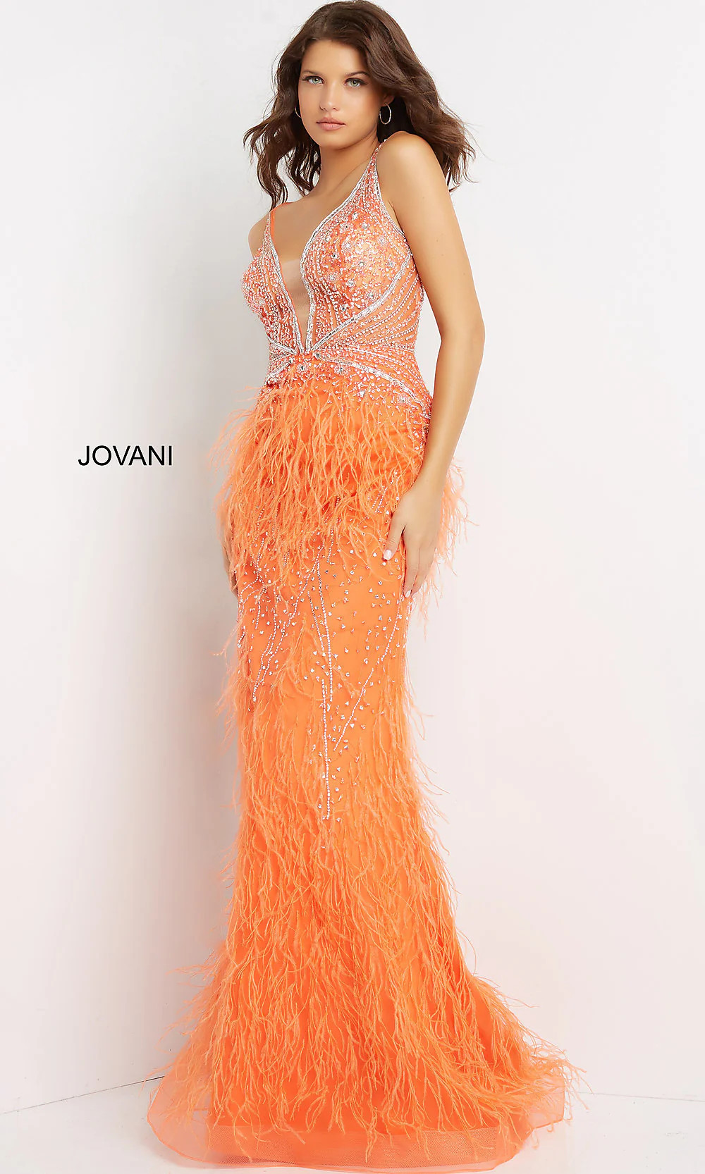Jovani Sheer-Bodice Long Prom Dress with Feathers | Prom Girl