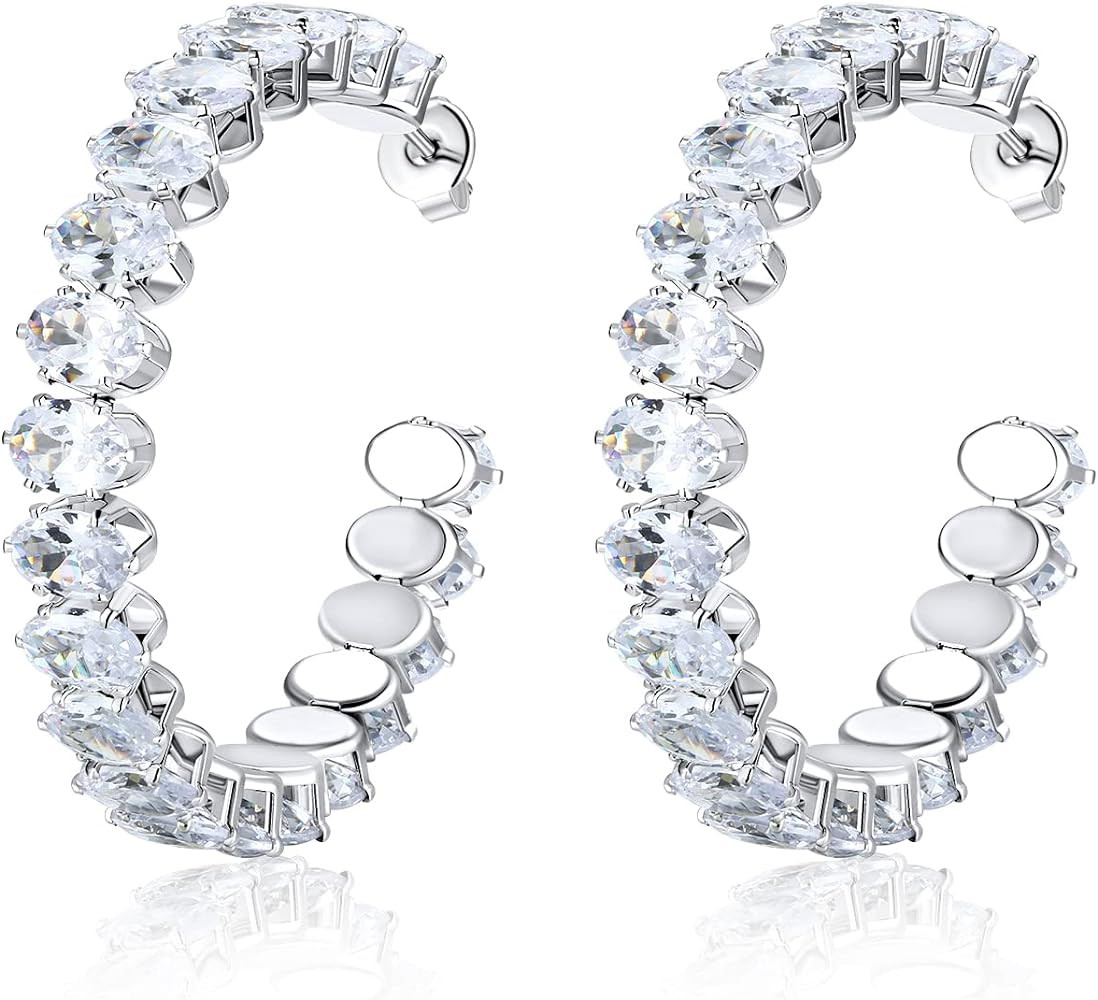 Cubic Zirconia Hoop Earrings for Women and Girls, White Gold Plated Sparkling Rhinestone Luxury C... | Amazon (US)