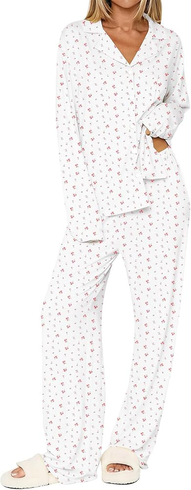 Dressmine Ladies Long Sleeve Cute Pajama Sets 2 Piece Fall Outfits Button Up Pjs Set Loungewear | Amazon (US)