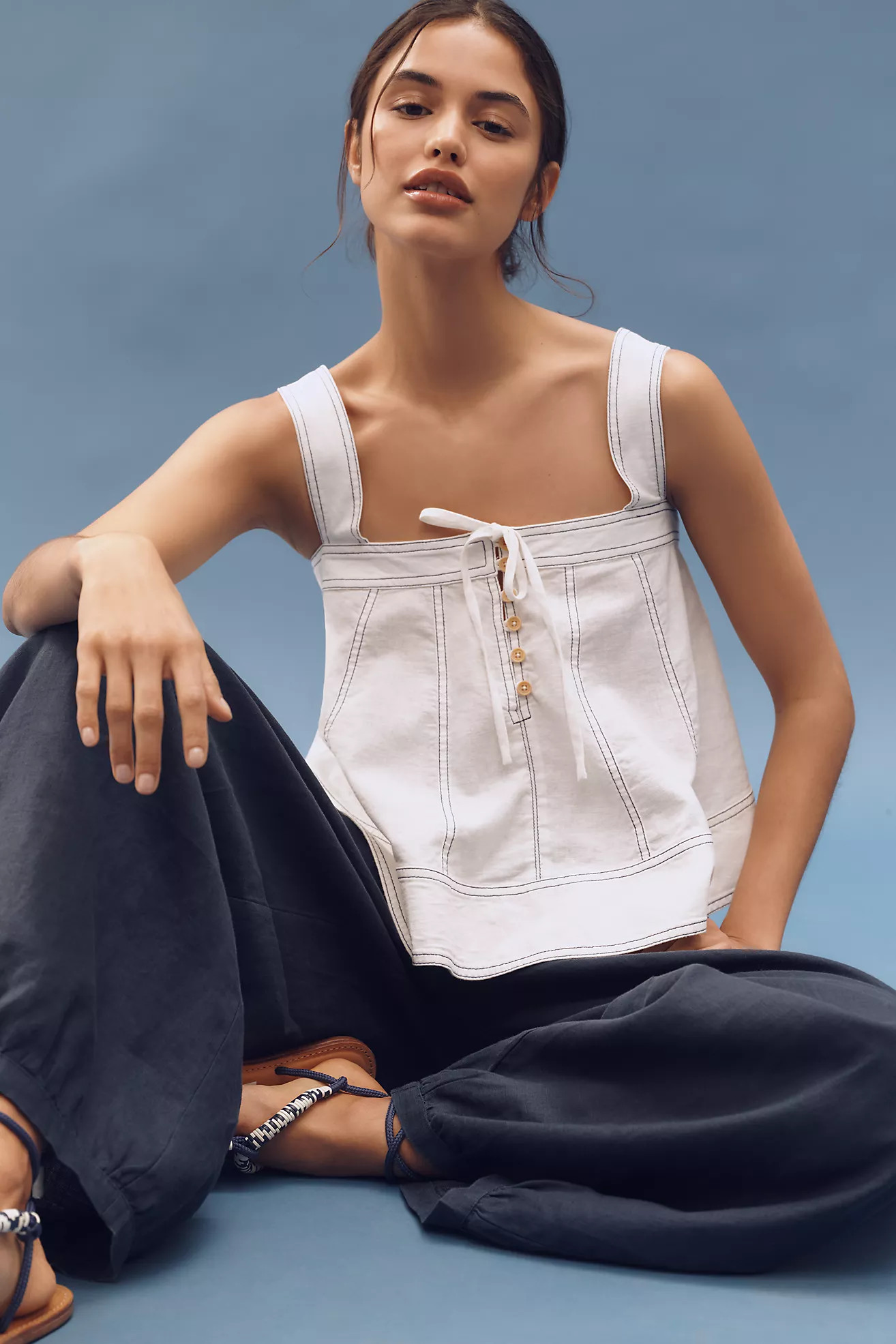 Pilcro Denim Linen Blend Trimmed Tank | Anthropologie (US)