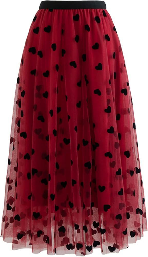 CHICWISH Women's 3D Heart Double-Layered Mesh Tulle Maxi Skirt | Amazon (US)