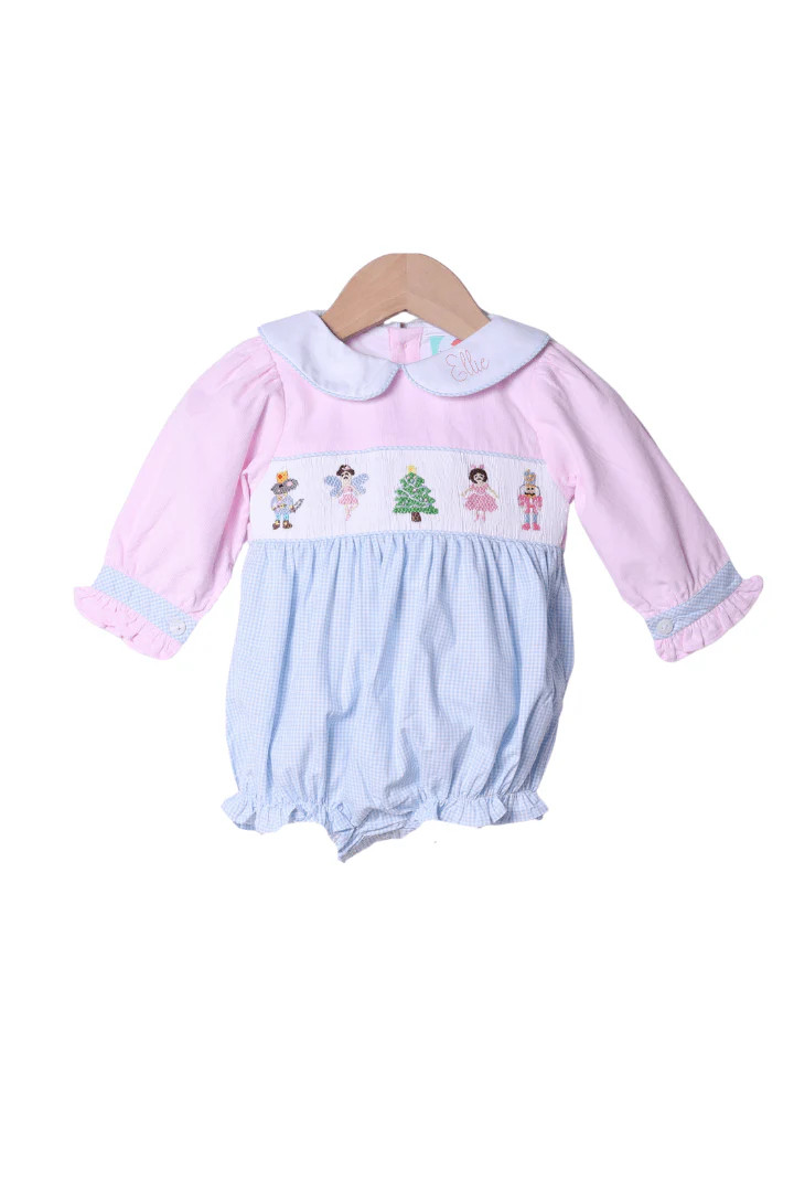 Smocked Nutcracker Ballet Pink Corduroy/Blue Gingham Bubble | The Smocked Flamingo
