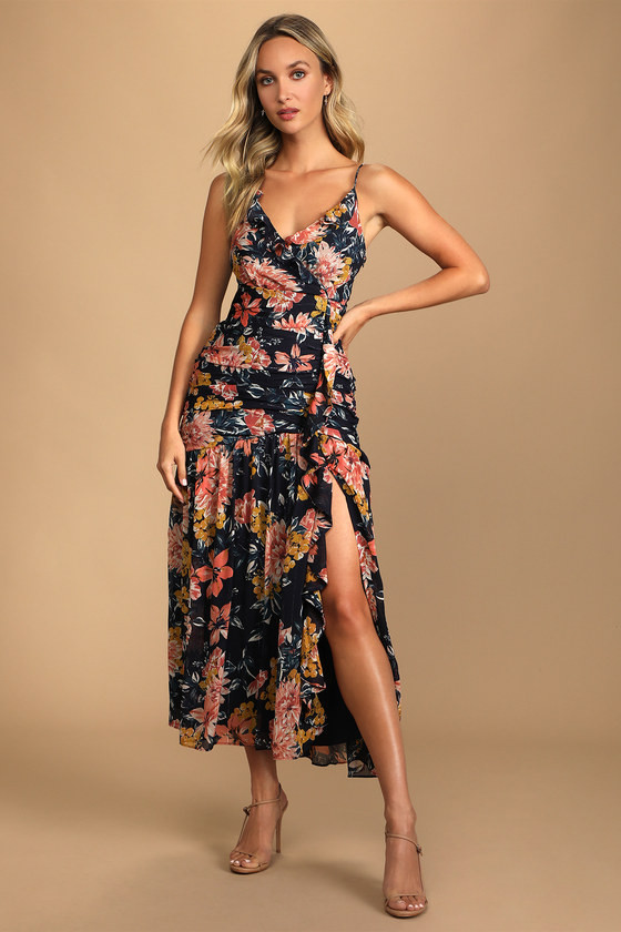 Stunning Soiree Navy Blue Floral Print Ruched Midi Dress | Lulus (US)