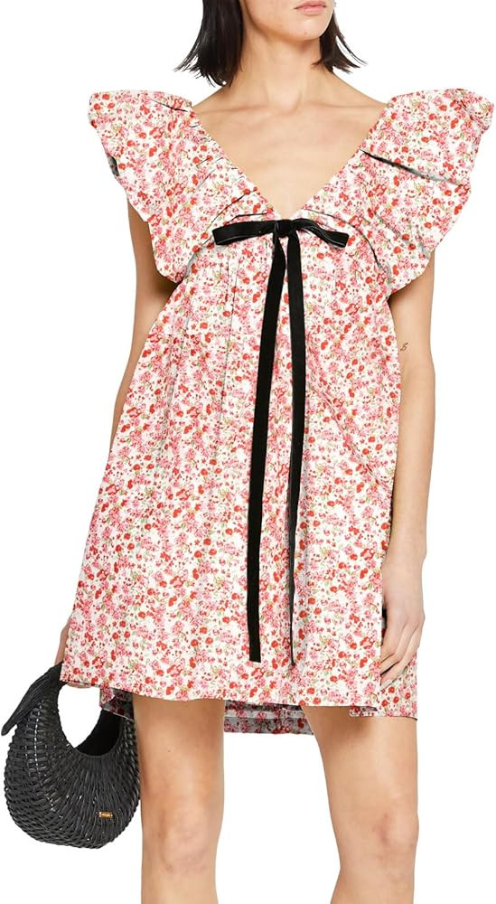 hibshaby Women's Floral Print Mini Dress V Neck Puff Sleeve Dress Short Babydoll Bow Dress | Amazon (US)
