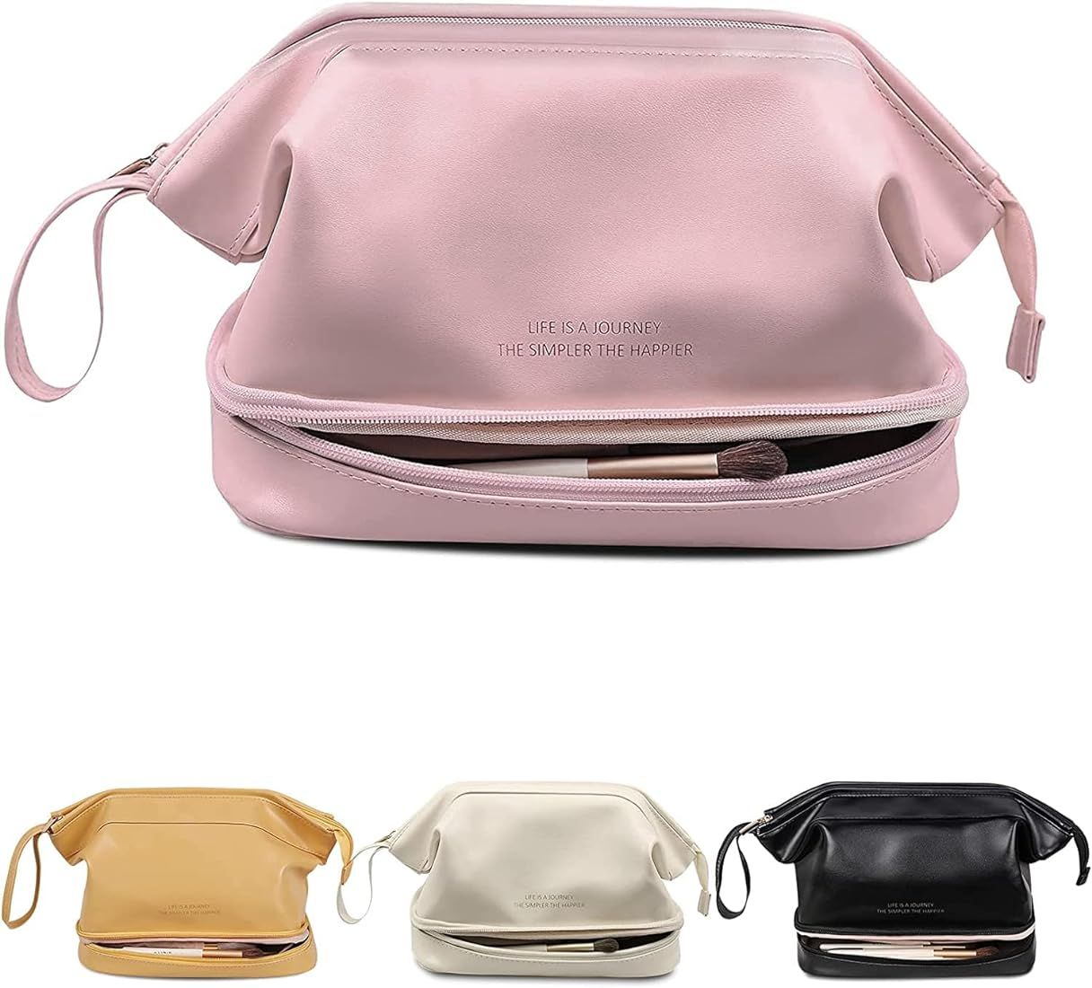 Travel Makeup Bag,Double Layer Cosmetic Bag,Large Zipper Pouch Makeup Organizer Bag,Waterproof Le... | Amazon (US)