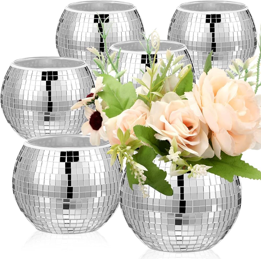 6 Pieces Disco Ball Flower Vase Mirror Disco Ball Glass Vase Disco Ball Planter Candle Holder Gla... | Amazon (US)
