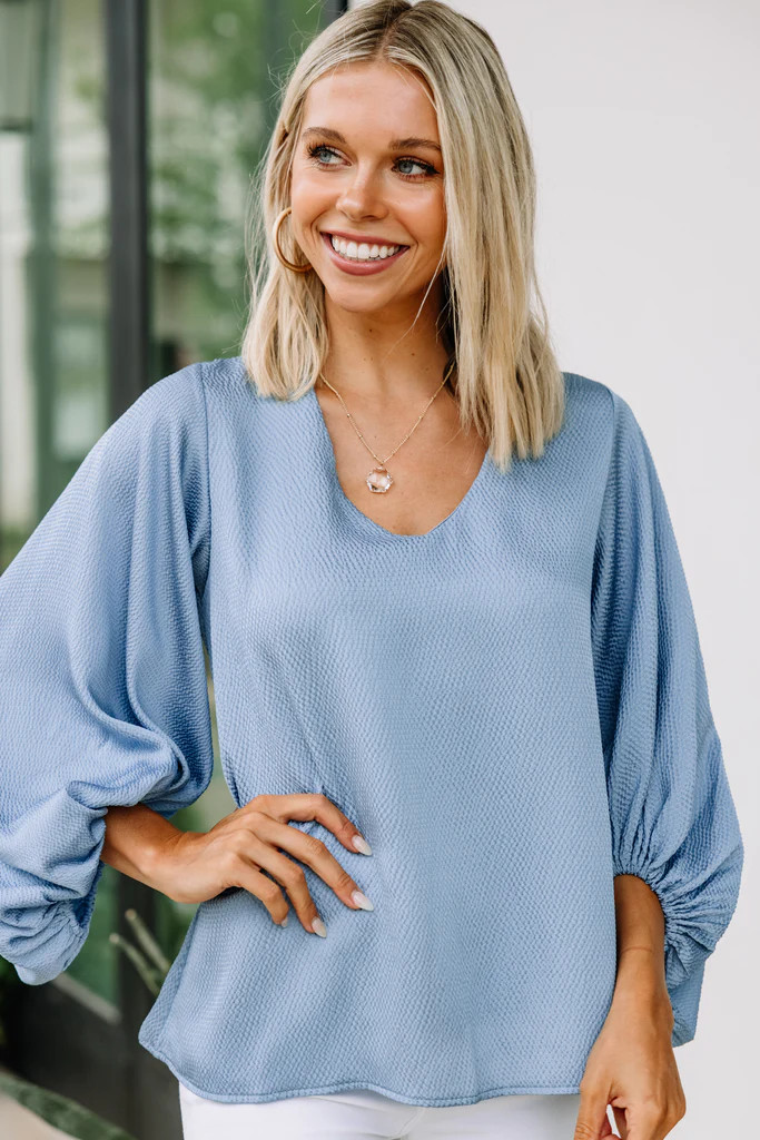 Loud And Clear Denim Blue Satin Blouse | The Mint Julep Boutique