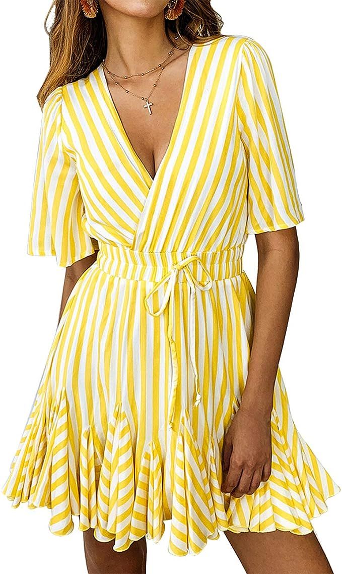 PRETTYGARDEN Women's Sexy Deep V Neck Short Sleeve Striped Wrap Ruffle Hem Pleated Mini Dress wit... | Amazon (US)