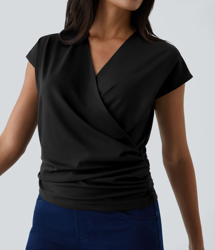 Women’s V Neck Cap Sleeve Crossover Ruched Solid Work Blouse - Halara | HALARA