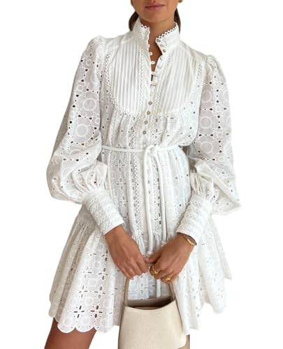 Aofur Women Summer Baroque Solid Cotton Sundress Spring V Neck A-line Long Loose Sleeve Party Casual Short Dresses (Small, 202310white) | Amazon (US)