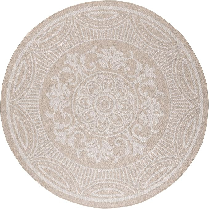 Beverly Rug Waikiki Boho Indoor Outdoor Rug 6'7" Round, Washable Outside Carpet for Patio, Deck, Porch, Circle Medallion Area Rug, Water Resistant, Beige - White | Amazon (US)