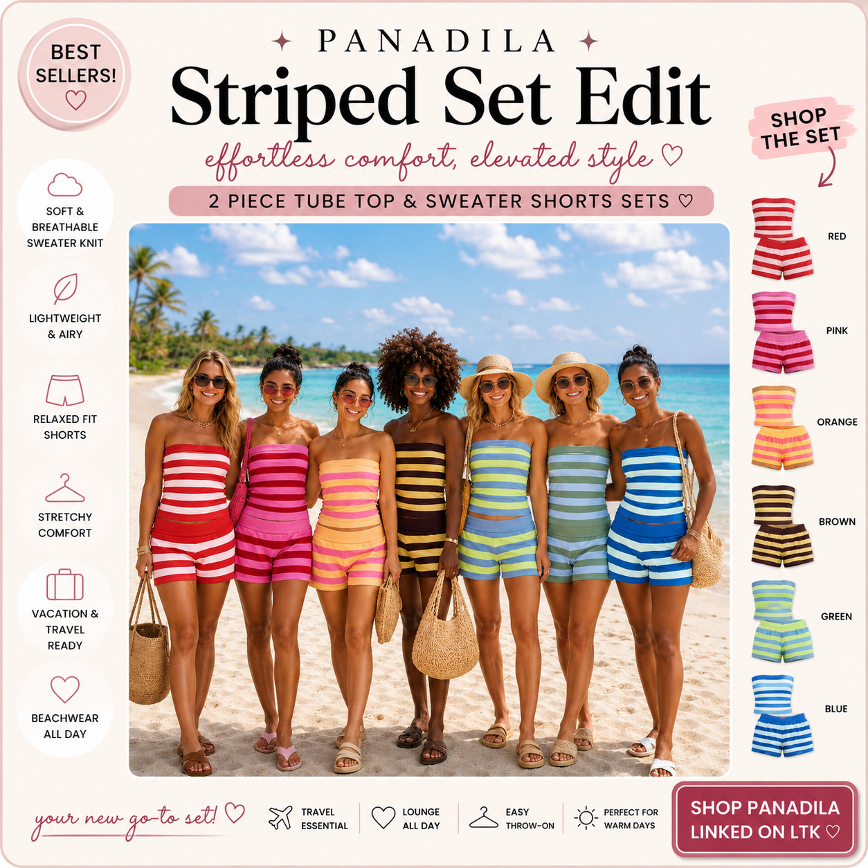 PANADILA Summer Chic | 2 Piece Sweater Tube Top & Shorts Beach Loungewear Sets

Striped summer sets that make beach outfits feel playful, comfy, and instantly vacation-ready ☀️ 

These PANADILA two piece sets are such fun Amazon fashion finds if you want something lightweight, stretchy, and cute enough to wear from lounging to beach-day plans.

The strapless tube top, matching sweater-knit shorts, relaxed fit, soft breathable feel, and bold stripe colors make these sets feel easy but still super shoppable.

What I love about these is that they give “cute vacation outfit with zero effort” energy!!

They’re perfect for beach days, poolside lounging, resort mornings, boardwalk walks, cruise outfits, vacation packing, casual summer errands, and warm-weather plans when you want something comfy but still eye-catching.

The colors make this edit so fun to shop — red feels classic, pink feels girly and bold, orange feels sunny, brown feels retro, green feels fresh, and blue gives that coastal summer pop.

Pair them with slides, raffia bags, sunglasses, gold jewelry, a straw hat, beach tote, or flat sandals for that effortless beachwear look that still feels styled.

I did the digging for you — if you want an Amazon striped set that feels soft, packable, beach-ready, and cute enough to grab in more than one color, these PANADILA sets are the ones I’d check before the best-selling colors start moving.

📌 SAVE this for beach outfits, vacation packing, and easy Amazon summer sets.

↓ Everything is linked!

#LTKActive #LTKSaleAlert #LTKTravel
