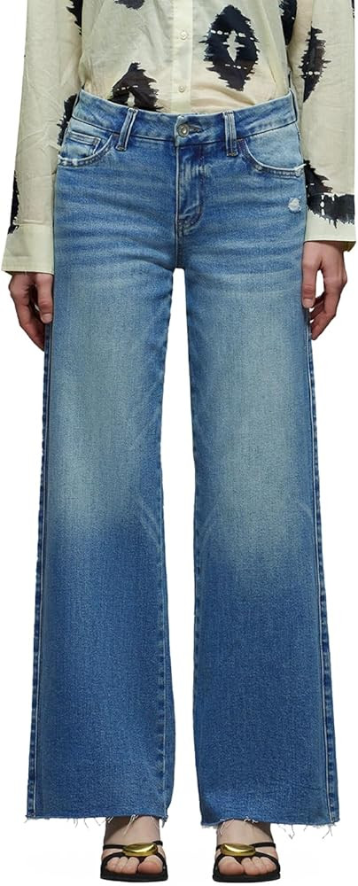 ONESO Mid-Low Rise Baggy Jeans Wide Leg for Women Distressed Pants Stretchy Bottom Lady Basic Com... | Amazon (US)
