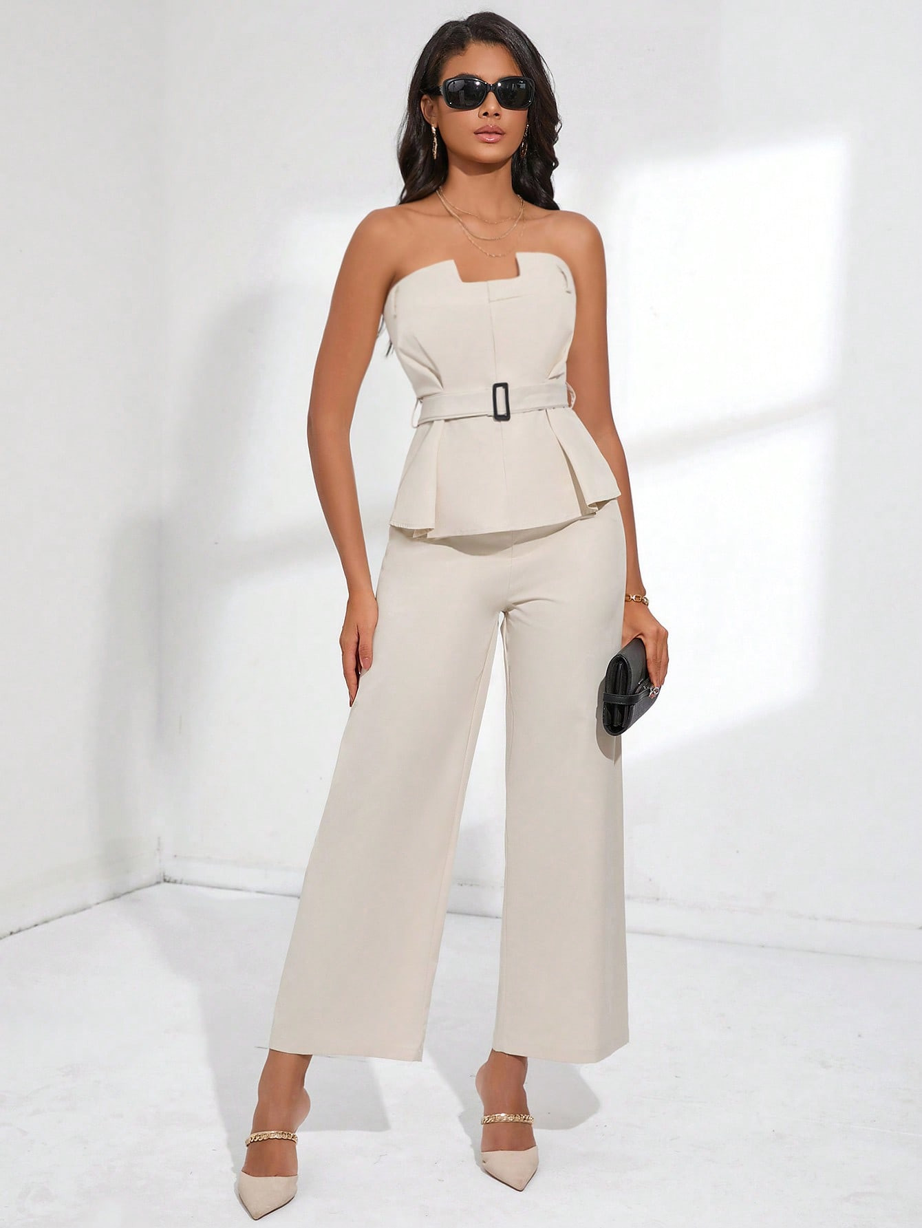 SHEIN BIZwear Belted Tube Top & Wide Leg Pants | SHEIN