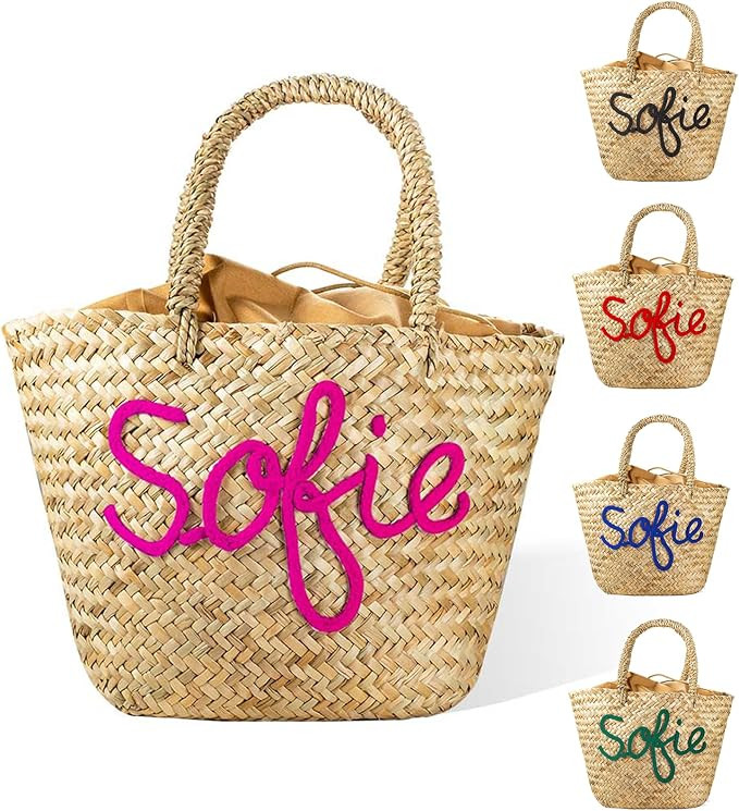 callie Personalized Women Straw Bag with Name, Custom Drawstring Bucket Bag for Summer Travel Bea... | Amazon (US)
