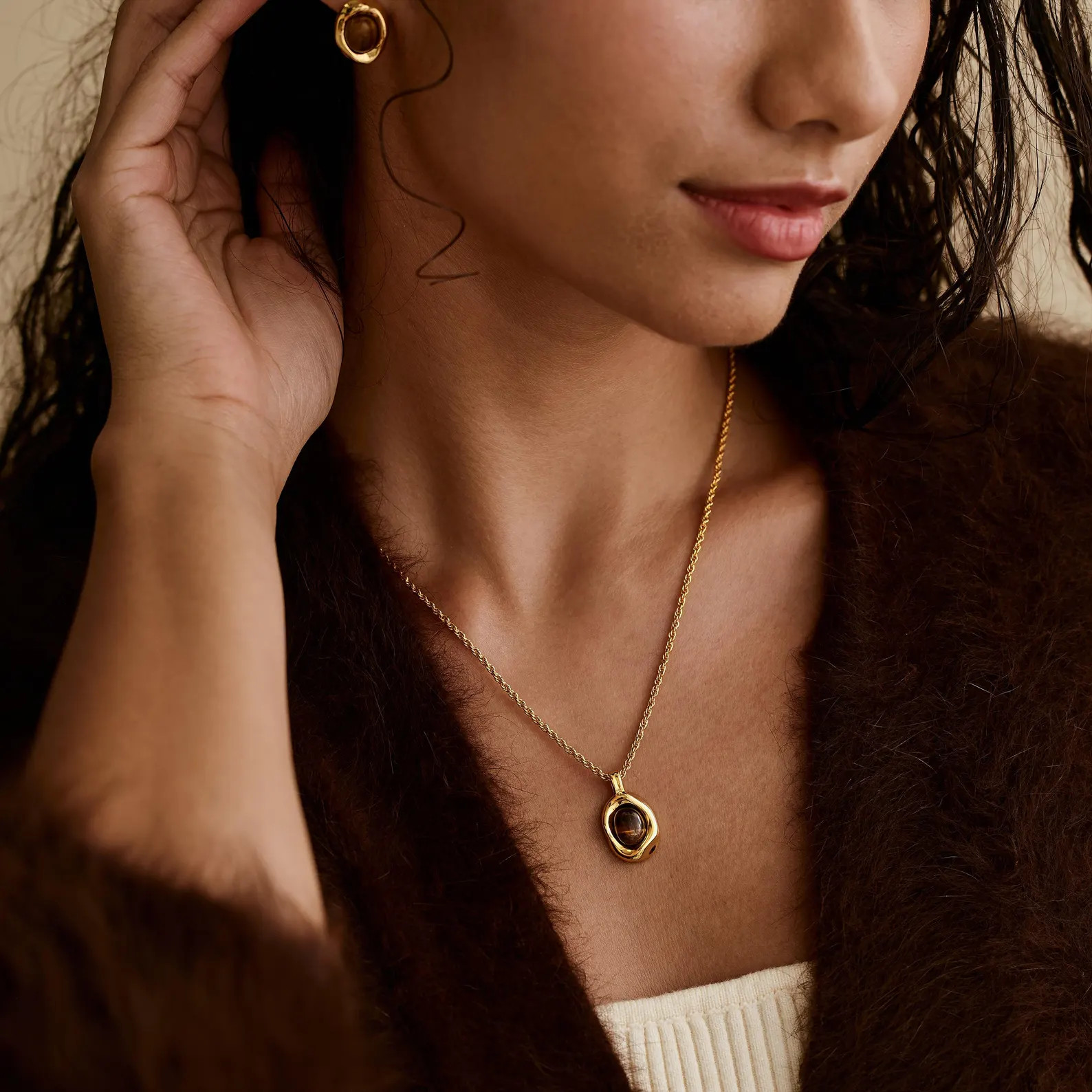 Natural Tiger Eye Necklace, Gold Organic Pendant Necklace, Vintage Gemstone Jewelry, Minimalist B... | Etsy (US)