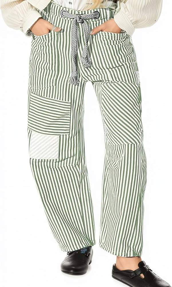 Barrel Jeans for Women Striped Drawstring Patchwork Pants Wide Leg Boyfriend Denim Pants | Amazon (US)