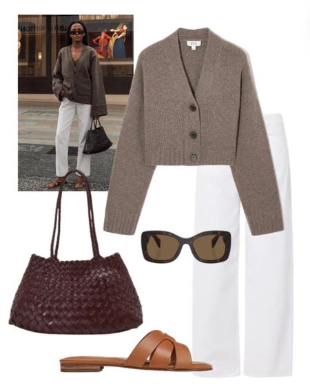 Steal her style ! White jeans & a chic brown cardigan . Add tan sandals & a brown bag & you’ve got the perfect trans seasonal outfit to take you from summer straight into Autumn.
Shop the look right here ! 