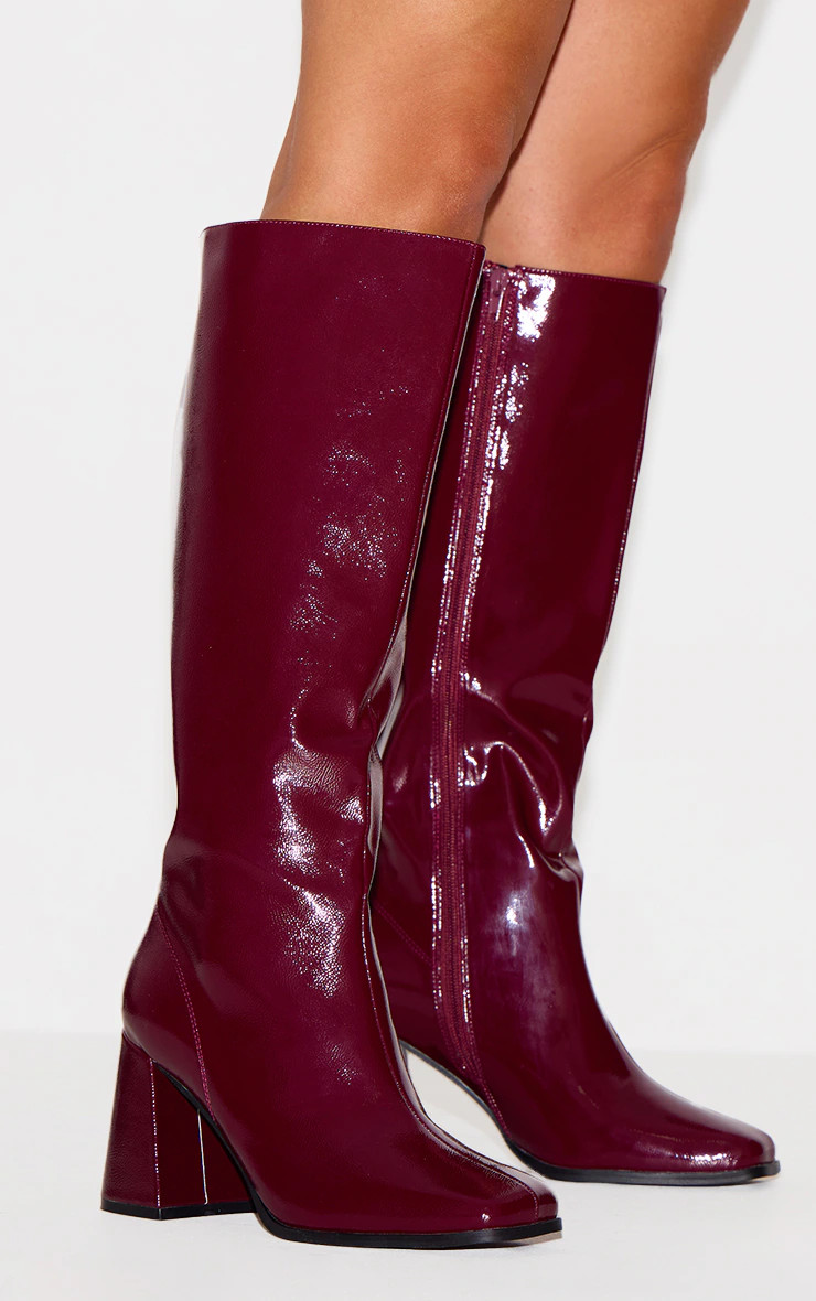 Burgundy Wide Fit Pu Square Toe Knee High Block Heeled Boots | PrettyLittleThing UK
